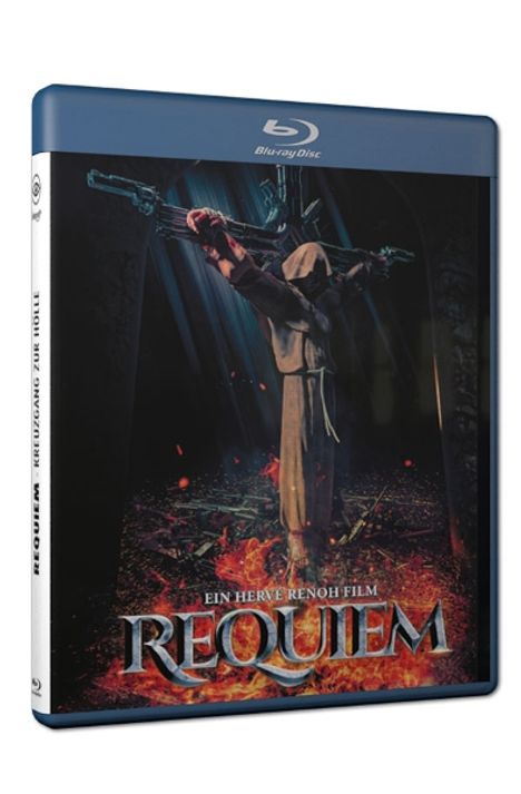 Text: "REQUIEM", "EIN HERVÉ RENOH FILM". Ein gekreuzigter Mönch steht in einer düsteren, feurigen Szene.