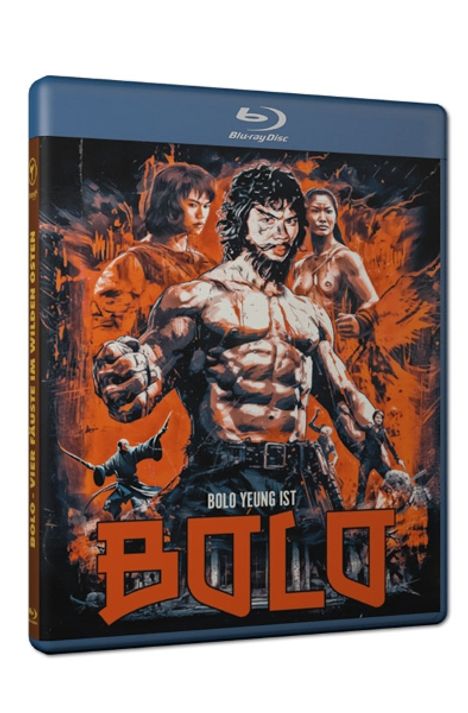 "Bolo Yeung ist Bolo" steht unten in großen Buchstaben. Illustration eines muskulösen Mannes vor orange-schwarzem Hintergrund.