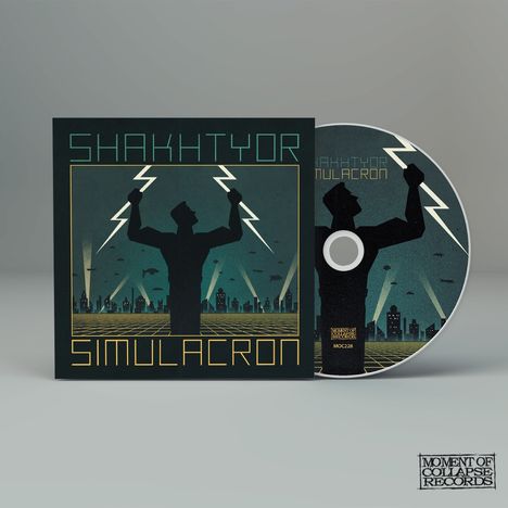 Text: „SHAKHTYOR SIMULACRON“. Illustration: Silhouette einer Figur mit Blitzen, Stadt im Hintergrund, futuristisch.