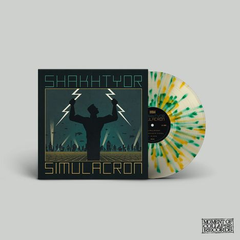 "SHAKHTYOR SIMULACRON" auf einem Plattencover mit Grafik eines Blitz haltenden Mannes in einer futuristischen Stadt.