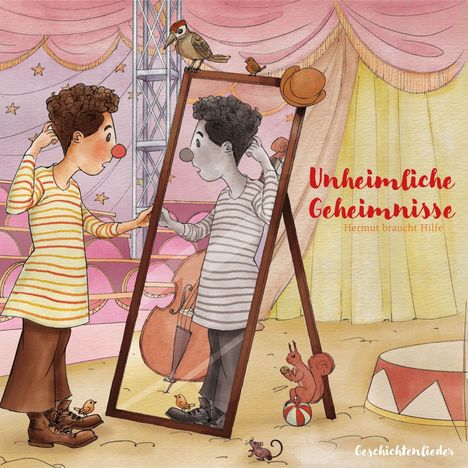 "Unheimliche Geheimnisse - Hermut braucht Hilfe." Ein Clown betrachtet sein s/w Spiegelbild in einem Zirkuszelt.