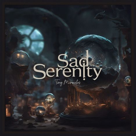 "Sad Serenity", "Tiny Miracles". Fantasievolle Szene mit mehreren Glaskugeln, atmosphärisch beleuchtet.