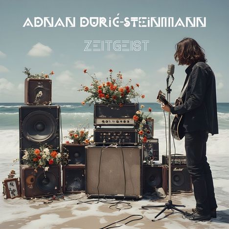 ADNAN ĐURIĆ-STEINMANN, ZEITGEIST. Gitarrist am Strand mit Verstärkern geschmückt mit Blumen, Mikrofon im Vordergrund.