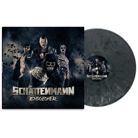 Text: „SCHATTENMANN Endgegner“. Fünf Personen, eine mit Maske, auf einem dunklen Hintergrund. Links ist ein Vinyl cover.