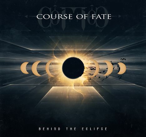 "COURSE OF FATE" und "BEHIND THE ECLIPSE" in Weiß. Illustration mit Sonnenfinsternis und Mondphasen auf dunklem Hintergrund.