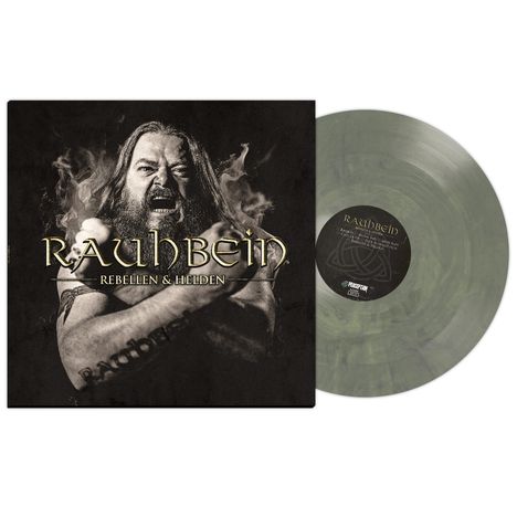 "RAUHBEIN REBELLEN & HELDEN" in kräftiger Schrift; ein langhaariger Mann schaut entschlossen; beige Vinyl.