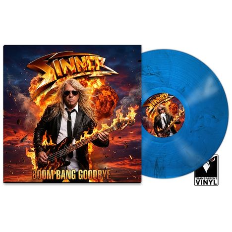 „Sinner“, „Boom Bang Goodbye“, blaues Vinyl, Cover mit Musiker, Flammen, Explosion im Hintergrund, Logo: „Transparent Vinyl“.