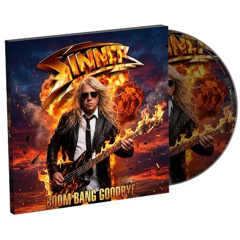 "BOOM BANG GOODBYE" steht in gelber Schrift. Ein Musiker mit Gitarre vor einer Explosion, umgeben von Flammen.