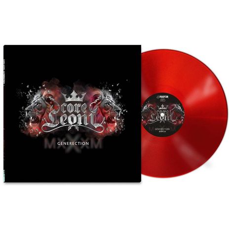"CoreLeoni", "Generection". Schwarzes Albumcover mit Löwenköpfen und roter Vinyl-Schallplatte.