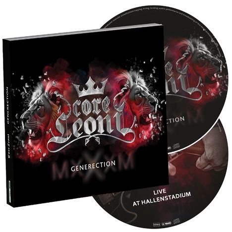 Ein Albumcover mit "CoreLeoni", "Generection" und "Live at Hallenstadium". Zwei Löwen und eine Krone sind abgebildet.