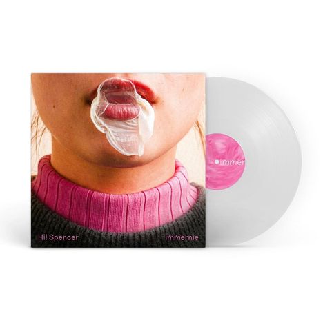 Text: "Hi! Spencer" und "immernie". Ein Gesicht mit einer Kaugummiblase. Weiße Schallplatte mit rosa Label.