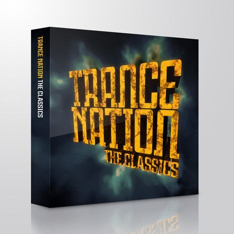 "TRANCE NATION: THE CLASSICS" in leuchtend gelber Schrift auf dunkelblauem Hintergrund, knopfartige Struktur. Rechteckige Box.