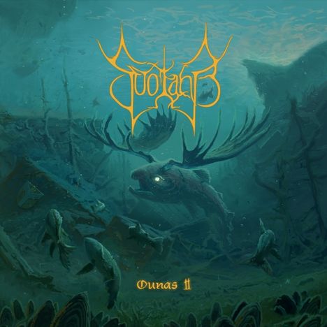 "Ounas II" in goldener Schrift, darunter ein Fisch mit Geweih in einer Unterwasserszene, umgeben von Fischen und Wrackteilen.