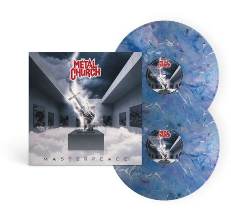 "Metal Church" und "Masterpeace" sind auf einem Cover mit einer Gitarre, umgeben von Blitzen, in einem galaktischen Raum zu sehen.