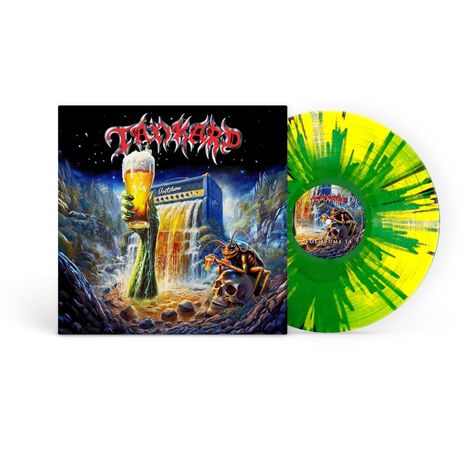 Cover mit "Tankard". Illustration eines riesigen Biers, einer Kreatur und Totenkopf, Vinyl in Gelb-Grün musternd.