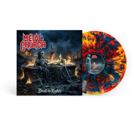 "Metal Church", "Dead to Rights". Illustration: Skelett auf einem Thron vor Flammen und dunklem Himmel. Buntes Vinyl.