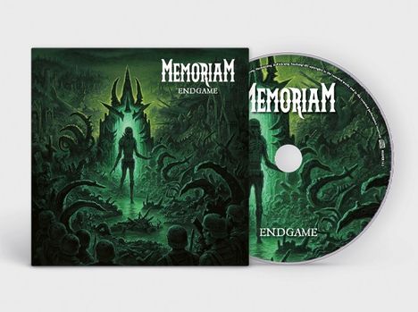 "MEMORIAM ENDGAME" auf CD-Cover. Dunkle, grüne Illustrationen mit düsterer Kreatur und tentakelartigen Formen.