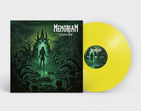 "MEMORIAM ENDGAME" steht über einer düsteren Landschaft mit einer Gestalt. Ein gelber Vinyl-Schallplatte liegt daneben.