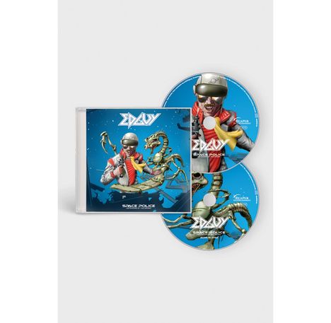 CD-Cover und CDs mit dem Text „EDGUY“ und „SPACE POLICE“. Illustration eines Mannes mit Helm und einem Alien.