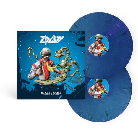 "EDGUY" und "Space Police: Defenders of the Crown" auf einem Cover mit futuristischer Figur und außerirdischem Wesen.