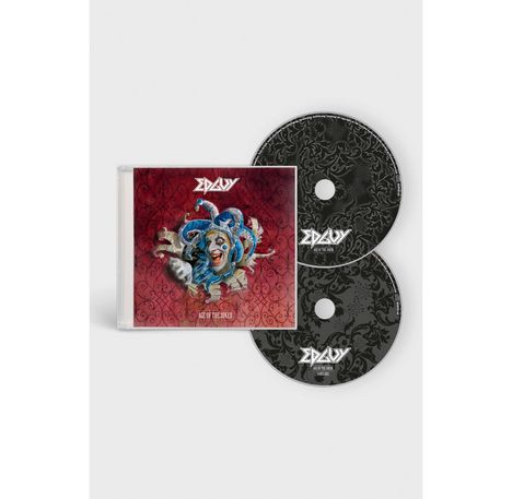 CD-Hülle "EDGUY - Age of the Joker" mit Clown-Illustration, daneben zwei CDs mit floralen Mustern und "EDGUY" Logo.