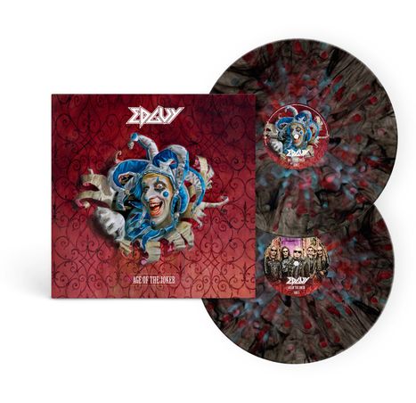 "Edguy" oben, "AGE OF THE JOKER" unten. Darstellung eines bunten Jokers mit bunter Vinyl-Schallplatte.