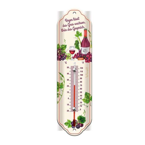 Text: "Regen lässt das Gras wachsen, Wein das Gespräch." Illustration eines Thermometers mit Wein, Glas und Trauben.