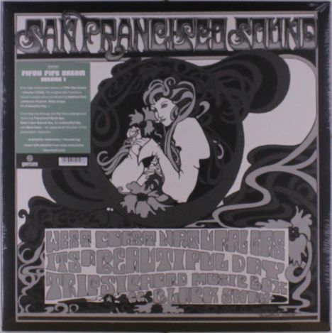 "San Francisco Sound" ist oben in geschwungener Schrift. Darunter eine stilisierte Frau mit Blumen in schwarz-weißem Design.