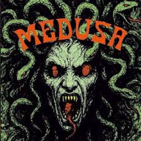 „MEDUSA“ in großen orangefarbenen Buchstaben, darunter eine gruselige Medusa-Illustration mit Schlangenhaaren.