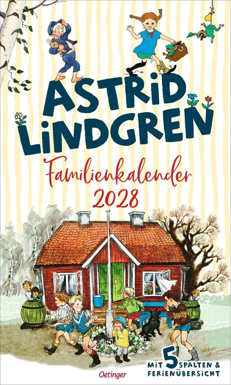 "Astrid Lindgren Familienkalender 2028, mit 5 Spalten & Ferienübersicht. Illustration von Kindern und einem roten Haus."