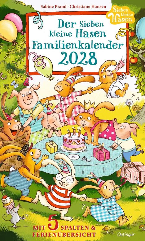 "Der Sieben kleine Hasen Familienkalender 2028", bunte Illustration mit Hasen und anderen Tieren bei einer Feier.