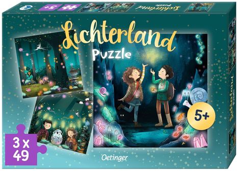 "Lichterland Puzzle", 3 x 49 Teile, ab 5 Jahren. Zwei Kinder in einem magischen Wald voller leuchtender Wesen.