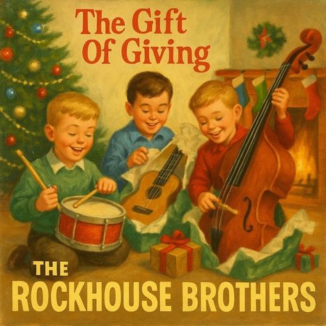 "The Gift Of Giving" und "THE ROCKHOUSE BROTHERS". Drei lachende Kinder mit Instrumenten, Weihnachtsbaum rechts.