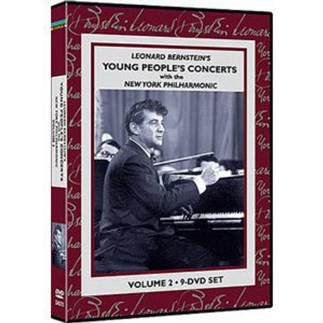 "LEONARD BERNSTEIN’S YOUNG PEOPLE’S CONCERTS with the NEW YORK PHILHARMONIC. VOLUME 2 • 9-DVD SET." Schwarz-Weiß-Illustration von Bernstein am Klavier.