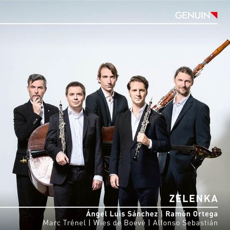 „GENUIN“, „ZELENKA“, „Ángel Luis Sánchez | Ramón Ortega | Marc Trénel | Wies de Boevé | Alfonso Sebastián“. Fünf Männer in Anzügen mit Instrumenten.
