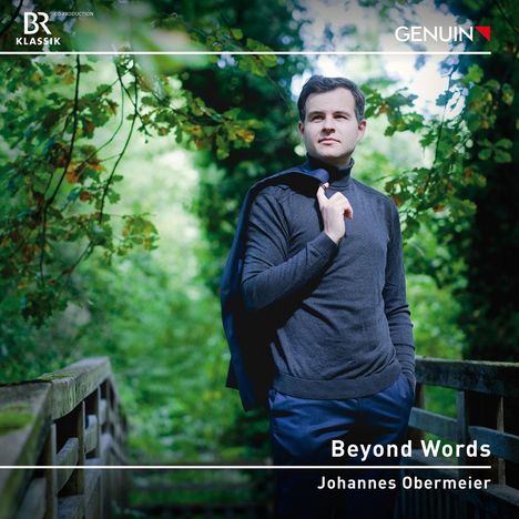 „Beyond Words, Johannes Obermeier.“ Logo oben links und rechts. Ein Mann steht auf einer Brücke im Grünen.