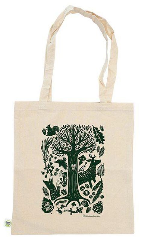 „LIEBES WALD“ in grüner Schrift auf einer Stofftasche mit Baum- und Tierillustrationen.