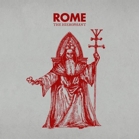 ROME. THE HIEROPHANT. Eine rote Illustration eines thronenden, bärtigen Mannes in robuster Kleidung.