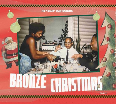 "The 'Mojo' Man presents: Bronze Christmas. Foto von drei Personen an einem festlich gedeckten Tisch, umgeben von weihnachtlichen Illustrationen."