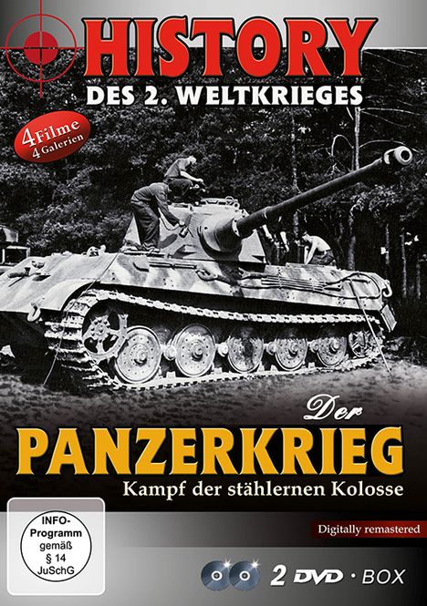 Text: "History des 2. Weltkrieges. Der Panzerkrieg: Kampf der stählernen Kolosse. 2 DVD Box." Schwarz-Weiß-Panzerbild.