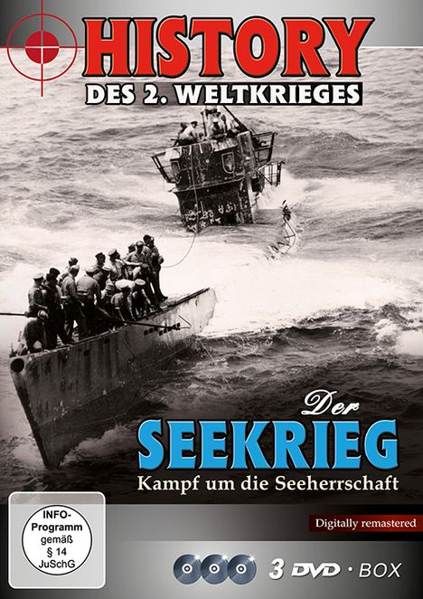 "History des 2. Weltkrieges", "Der Seekrieg: Kampf um die Seeherrschaft". U-Boot auf stürmischer See, rote Zielscheibe oben links.