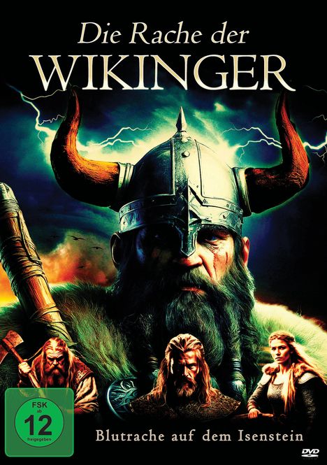 Text: "Die Rache der Wikinger. Blutrache auf dem Isenstein." Ein Wikinger in Helm, Bart, mit Axt, Männer und Frau im Hintergrund.