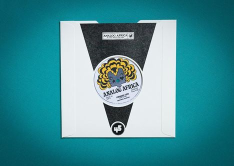 "ANALOG AFRICA", "FORWARD EVER", "BROTHER MTAMBA" auf Schallplattenhülle, abstrakter Kopf mit gelben Haaren als Illustration.