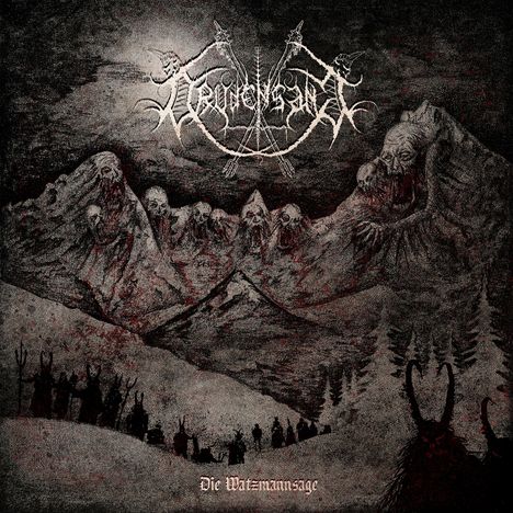 Logo mit verziertem Schriftzug oben, unten "Die Watzmannsage". Illustration von Bergen und bedrohlichen Gestalten im Dunkeln.