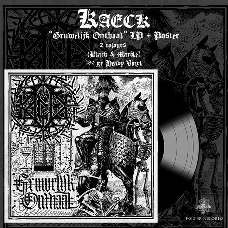 "Gruwelijk Onthaal" LP, Poster, 2 colours (Black & Marble), 180 gr Heavy Vinyl; Illustration zeigt einen Ritter auf einem Pferd.