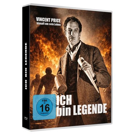 „ICH bin LEGENDE“, „VINCENT PRICE kämpft um sein Leben“, FSK 16. Eine Figur mit Fledermaushammer und Holzpflock vor Flammen.