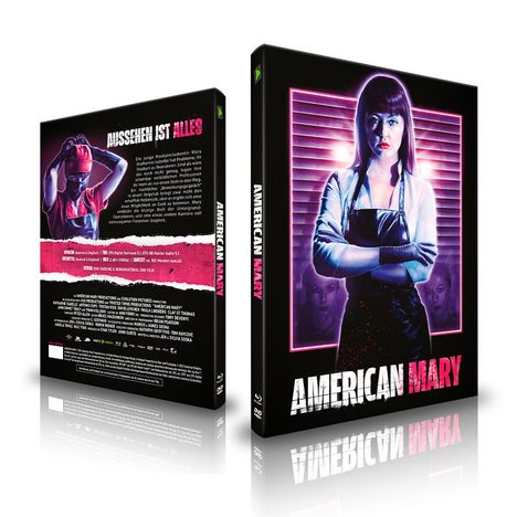 "AMERICAN MARY", "Aussehen ist alles", Blu-ray-Verpackung. Frau in weißem Kittel mit verschränkten Armen, rosa Hintergrund.
