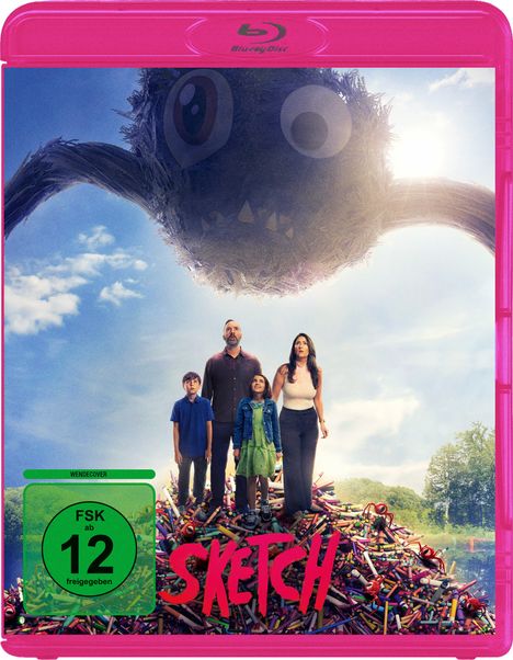 Text: "SKETCH", "Wendecover", "FSK ab 12 freigegeben". Eine Familie steht auf Buntstiften unter einem großen Monster mit Augen.