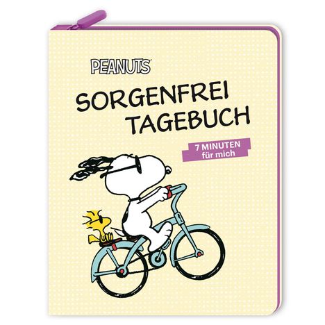 PEANUTS SORGENFREI TAGEBUCH. 7 MINUTEN für mich. Illustration: Ein Hund fährt Fahrrad mit einem gelben Vogel hinten drauf.