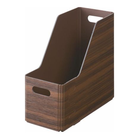 Ein brauner Zeitschriftensammler mit Holzmaserung und Grifföffnung.